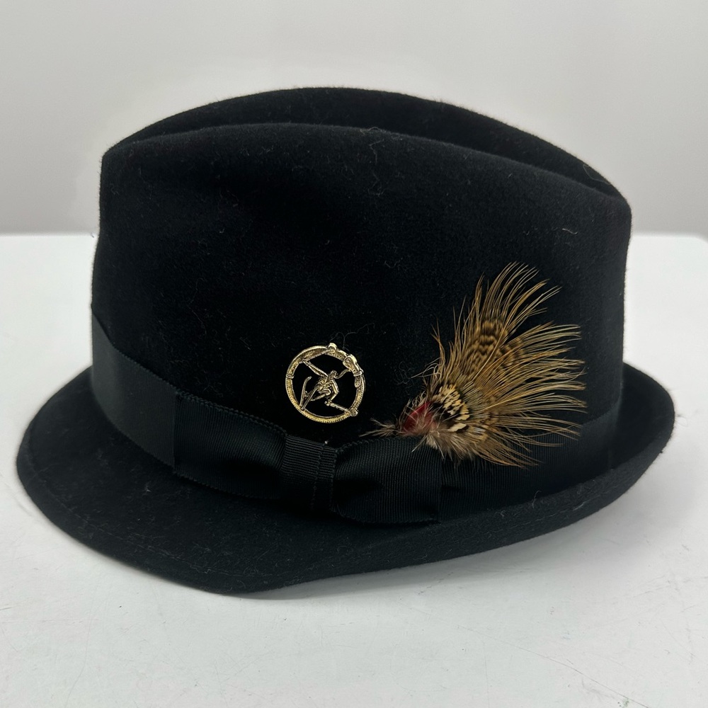 VTG Beau Chasseur No. 1 Black Fedora Wool Felt Hat Sportster Feather Pin 6 1/2